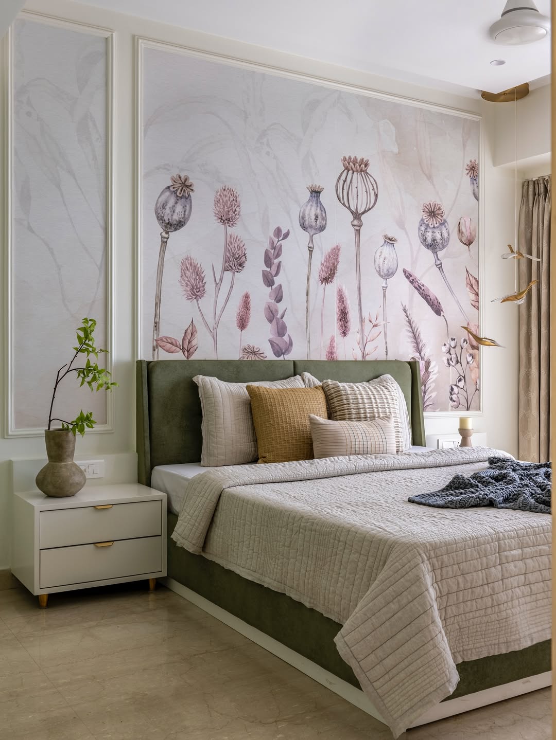 Patterned wallpaper in a calm residential bedroom