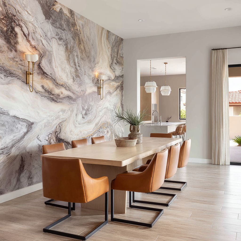 Marbled feature wallpaper in an elegant dining room