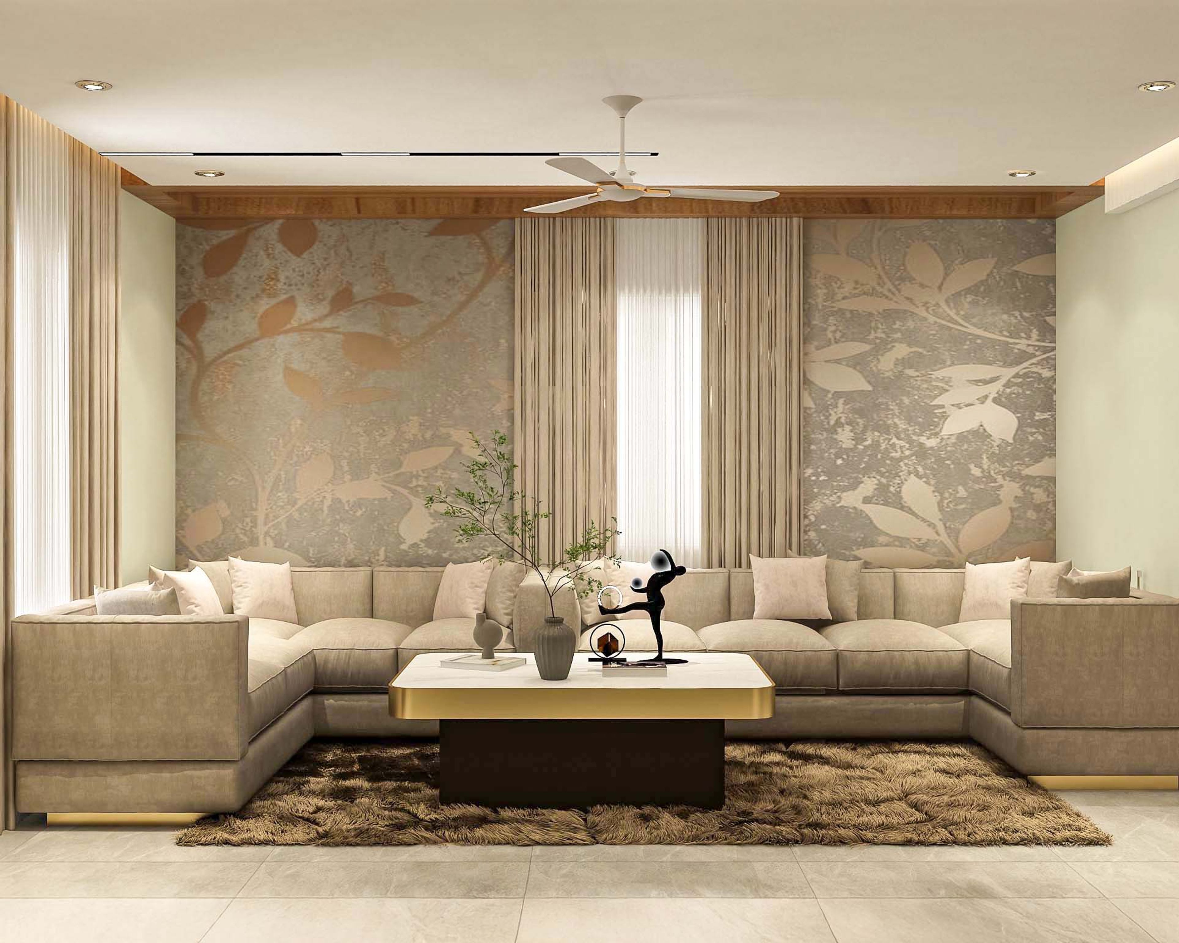 Bright residential living room with botanical wallpaper
